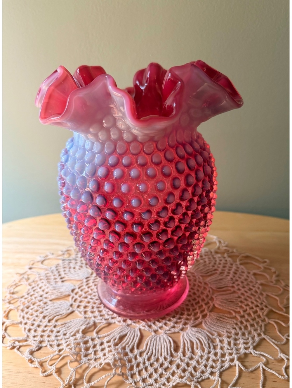 Fenton Art Glass Hobnail Ruffled Edge Vase in Cranberry Opalescent